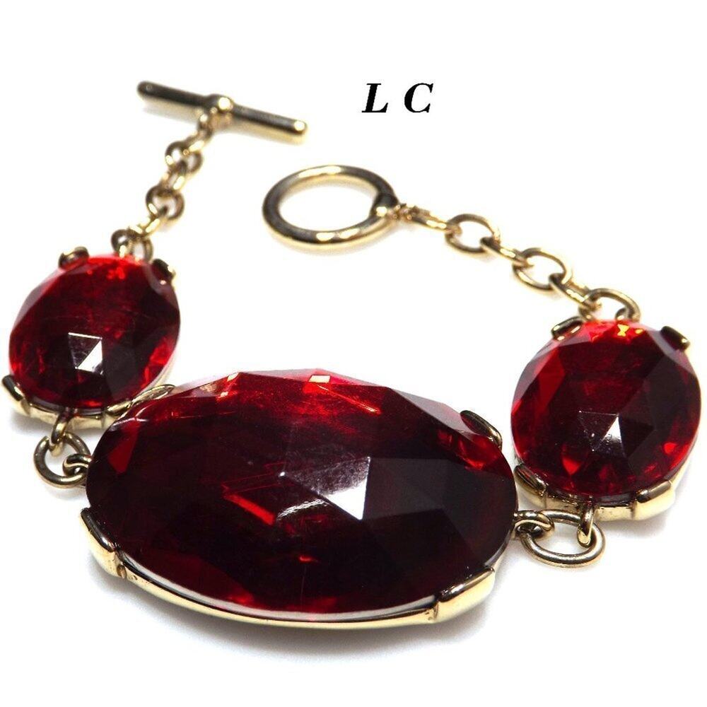 Liz Claiborne Red Faceted Glass Bracelet, Gold Tone Links, Toggle Clasp, 8 Inch